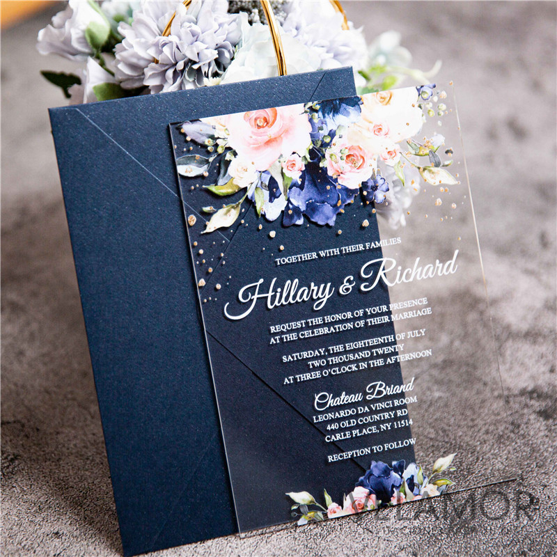 Invitacion en acrilico de ACR16 floral azul marino UV