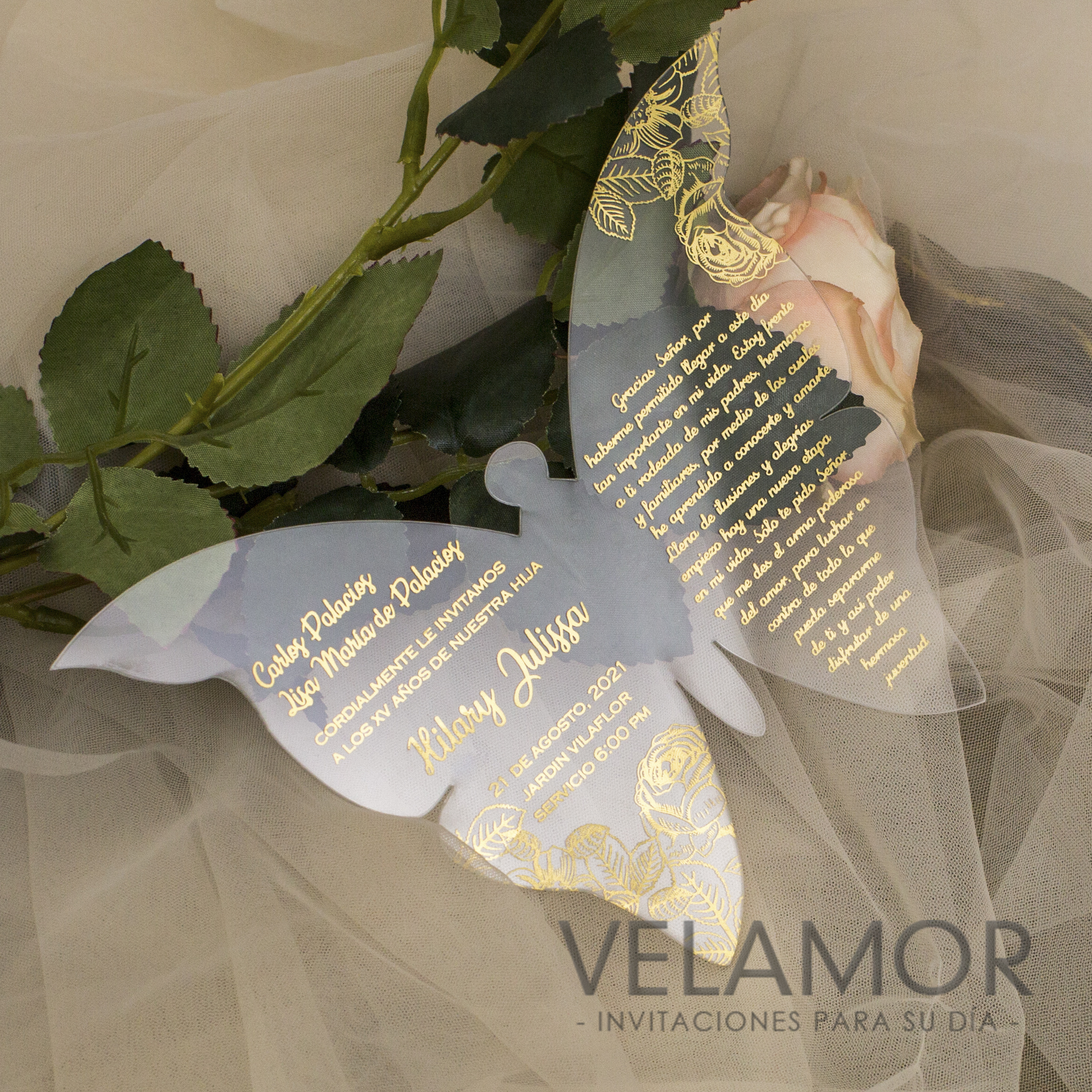 Invitacion en acrilico mariposa Foil