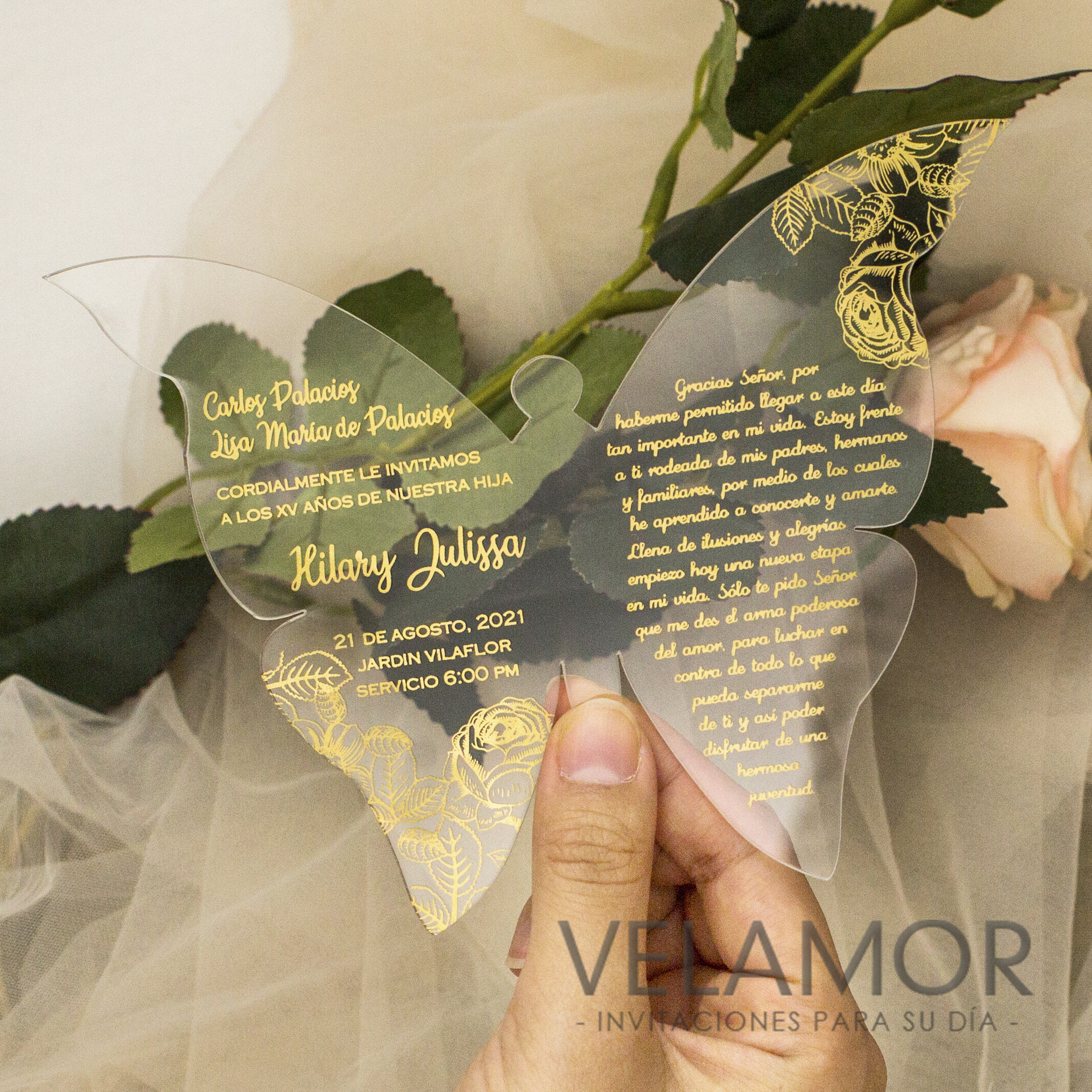 Invitacion en acrilico mariposa Foil