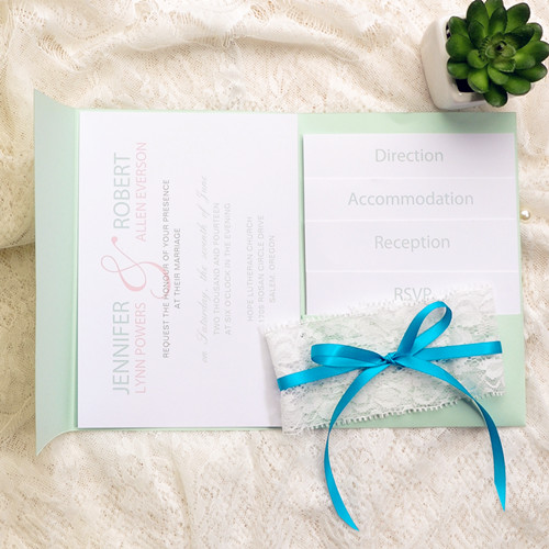 Verde menta Láser Cinta bolsillo Flor invitación de la boda WPF4001